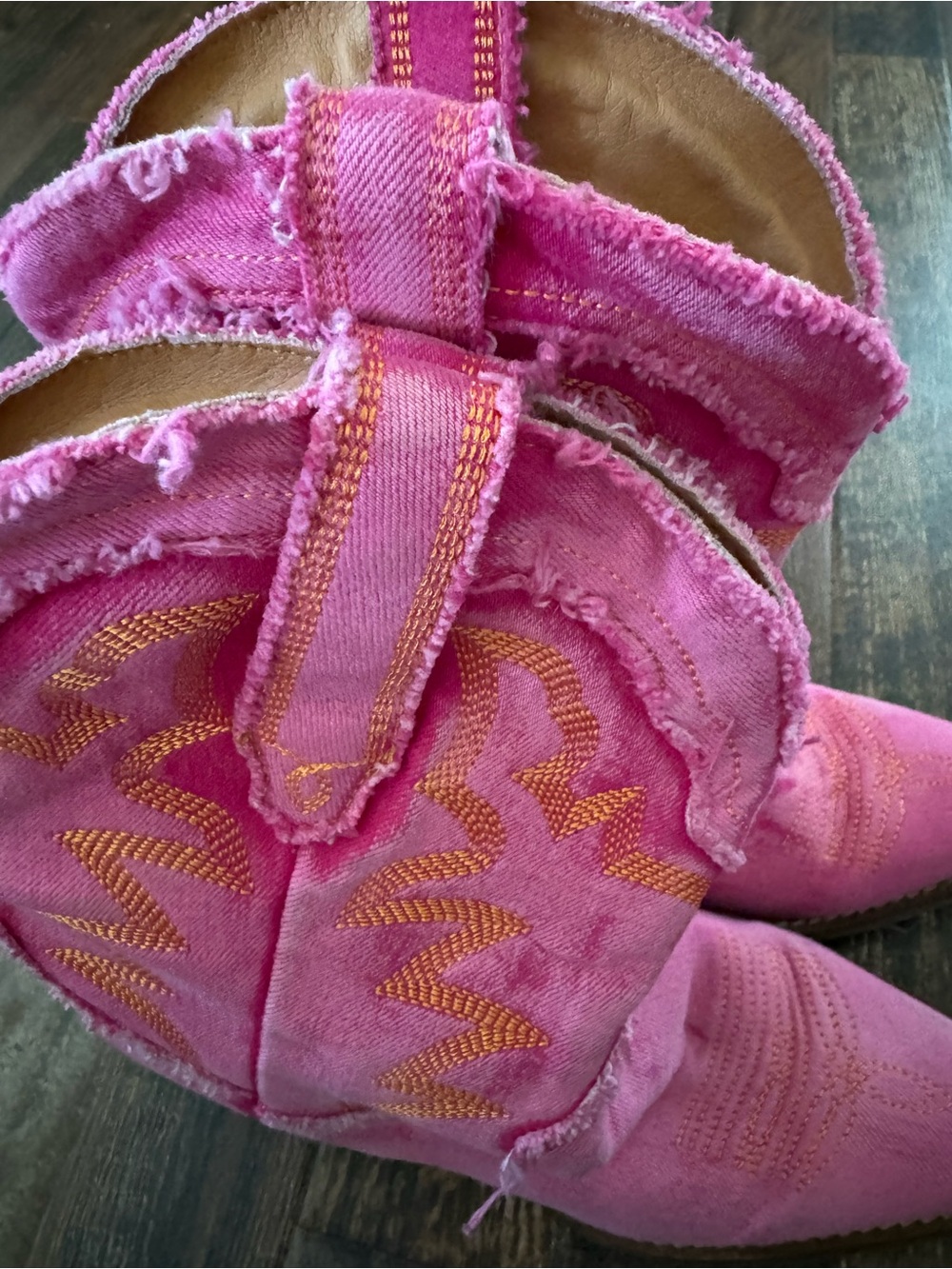 dingo Pink Frayed Western Boots with Orange Stitching - Picture 3 of 6